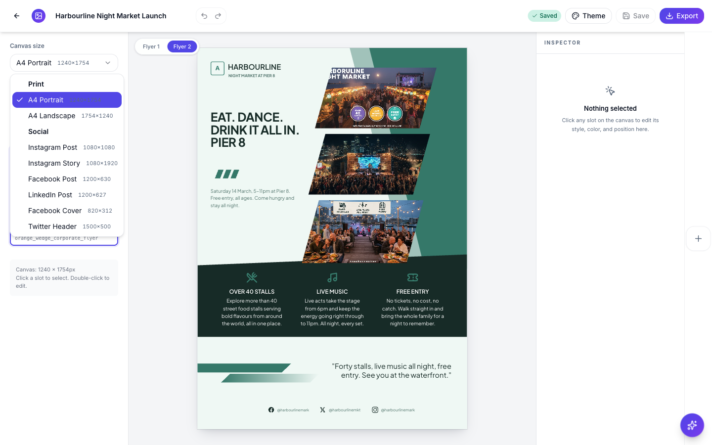 The Canvas size menu open, showing the Print and Social size groups.