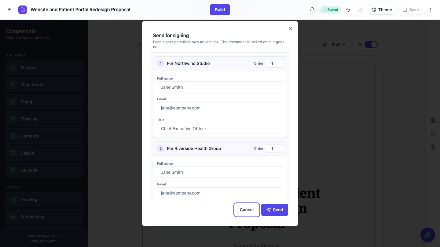 The Send for signing dialog with one row per signer.