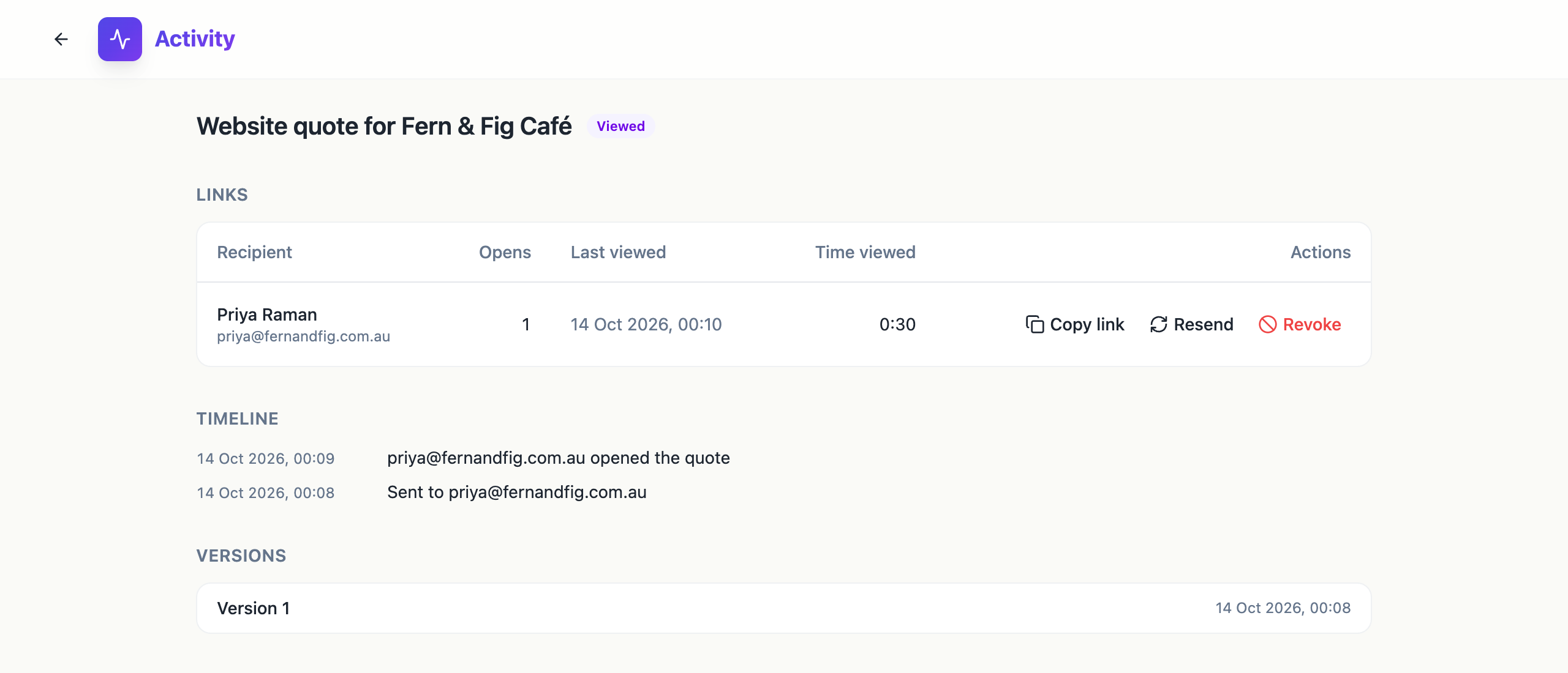 The Activity page showing one open, the last viewed time and 30 seconds of reading, the timeline and version 1.