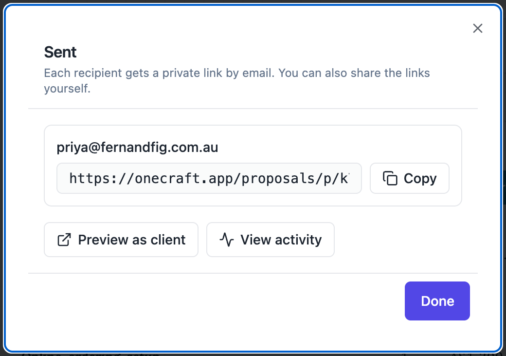 The Sent card with the recipient, their private link, Copy, Preview as client and View activity.