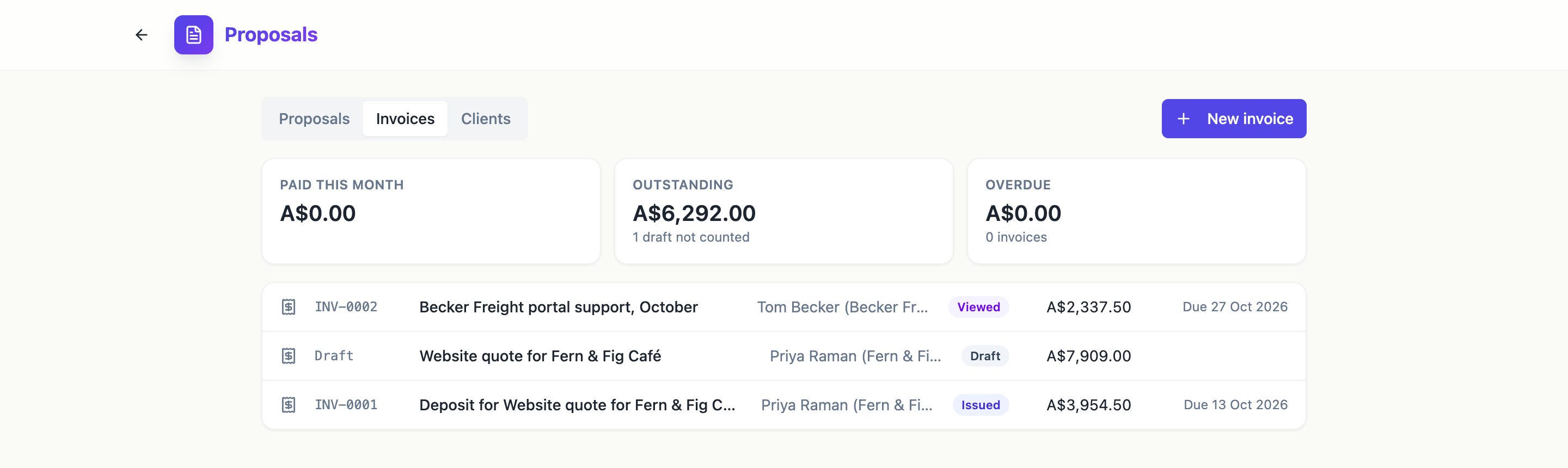 The Invoices tab with Paid this month, Outstanding and Overdue totals above the list of invoices.