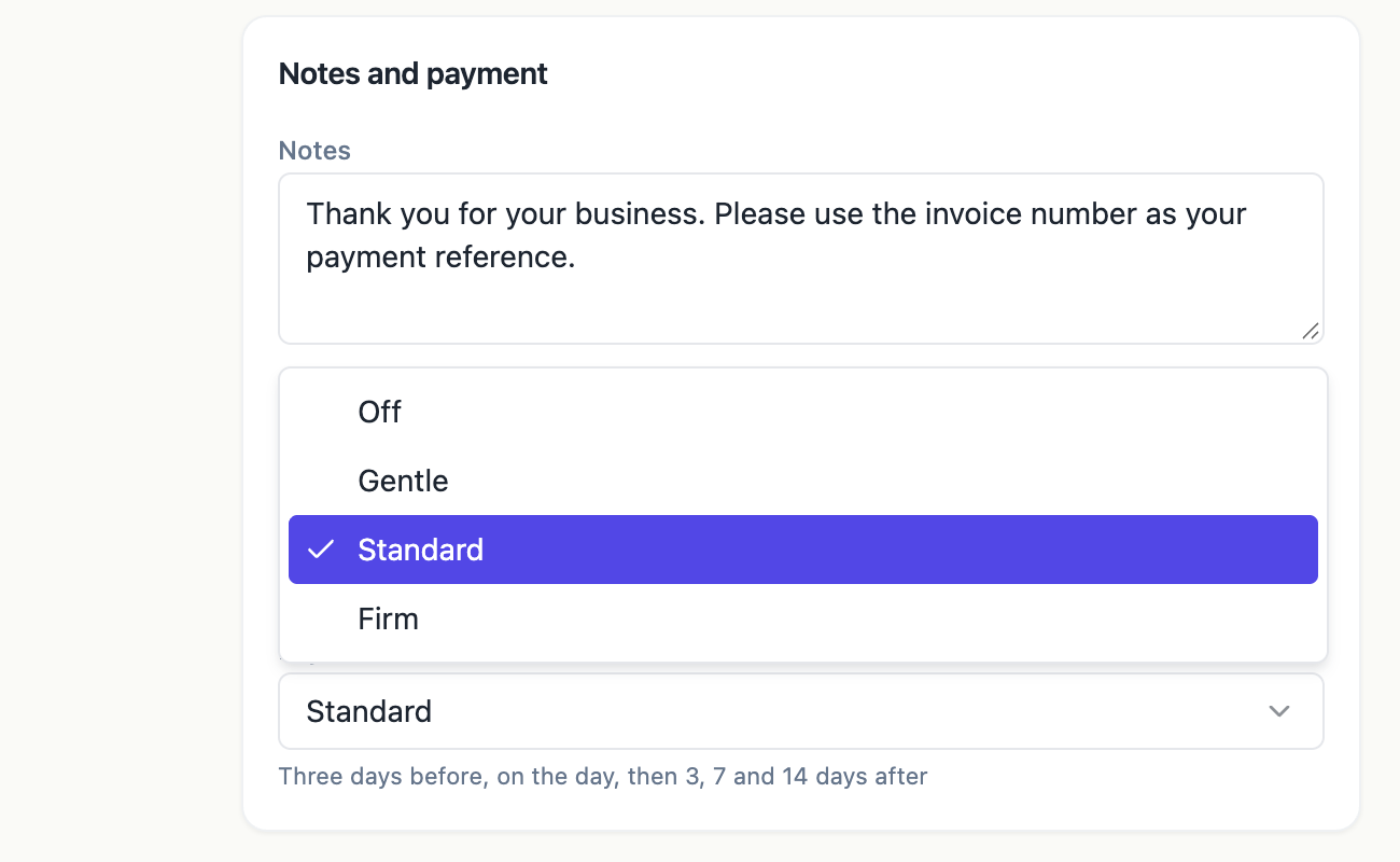 The Payment reminders list open on an invoice, with Off, Gentle, Standard and Firm.
