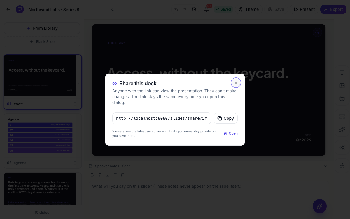 The Share this deck dialog with the link and the Copy button.