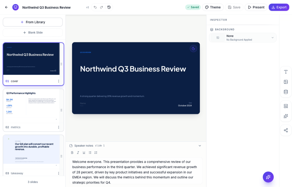 A presentation generated from the document in the editor.