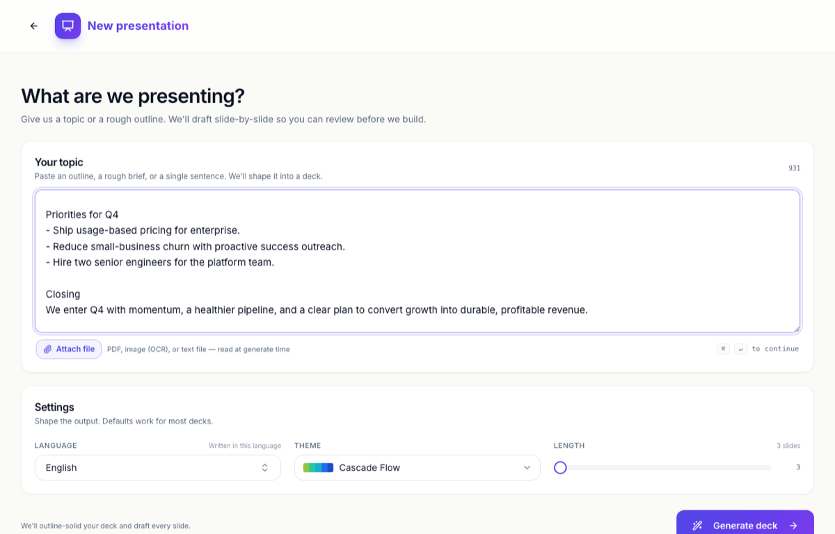 The presentation generator with document content pasted in.