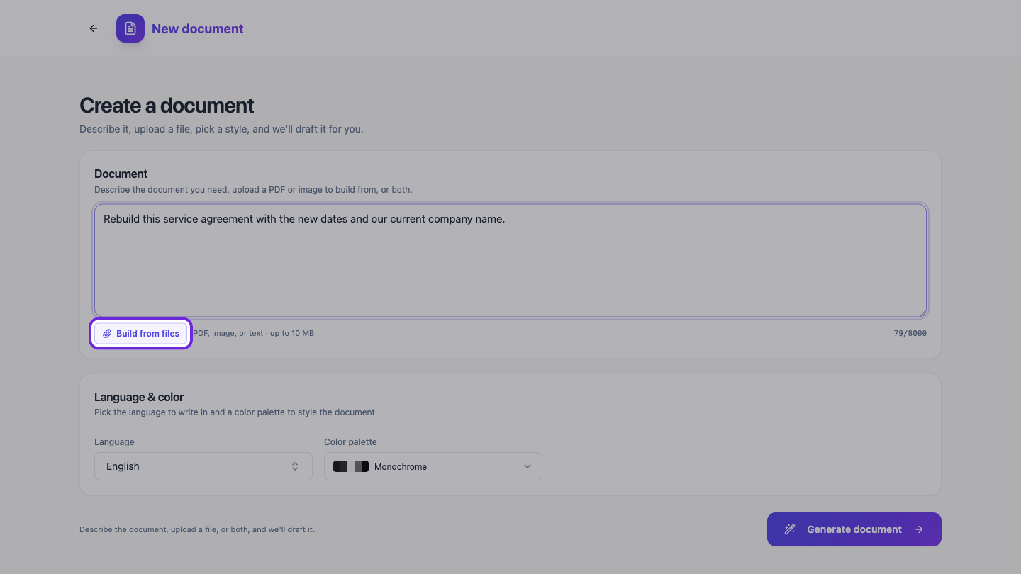 The document generator with the description box and the Build from files button.