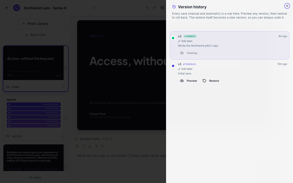 The version history panel listing saved versions with their summaries.
