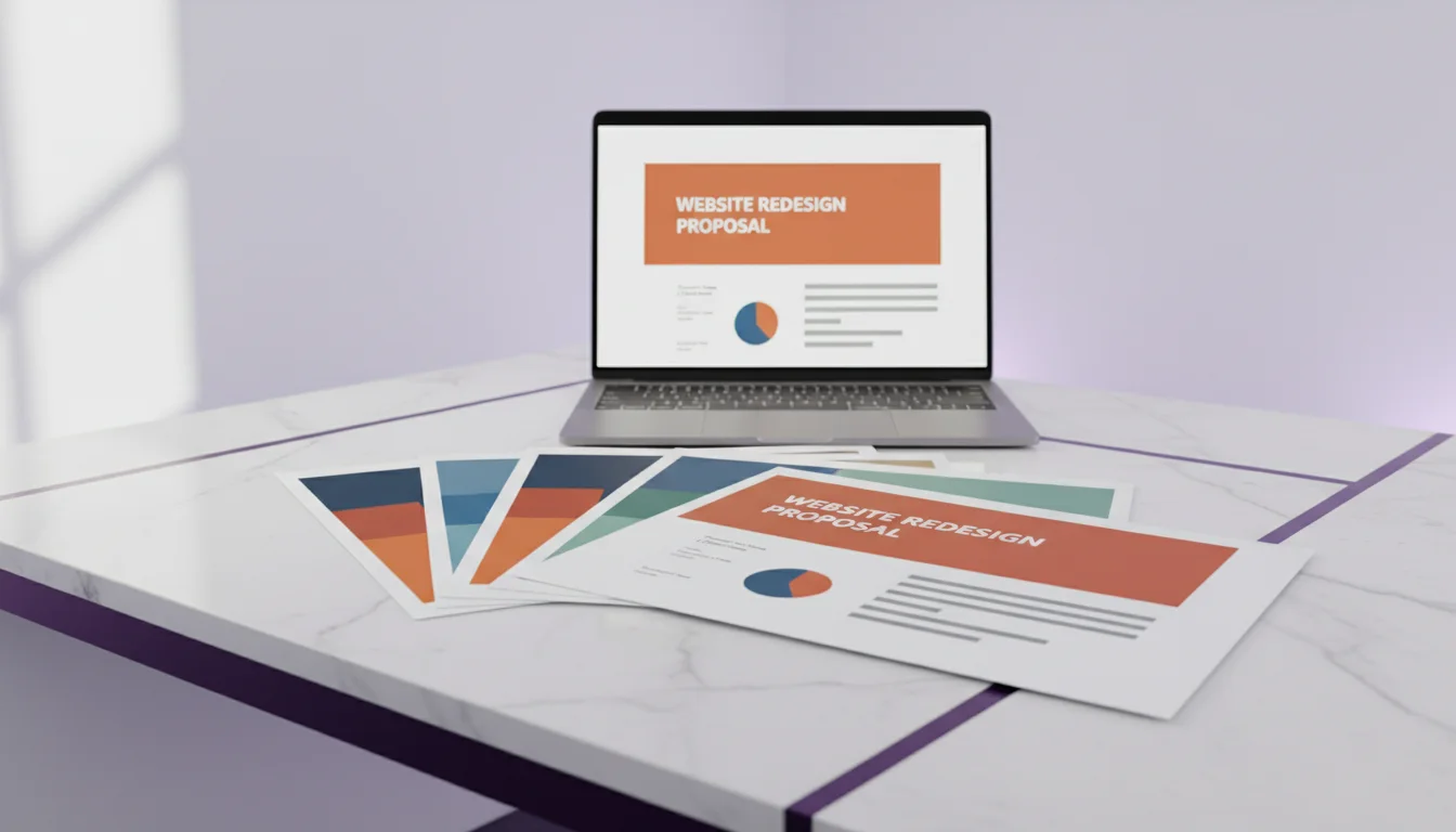 Printed pages of a website redesign proposal fanned beside a laptop