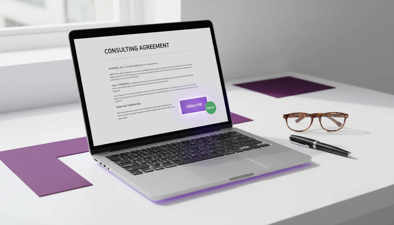 A laptop showing a consulting agreement with a highlighted signature field
