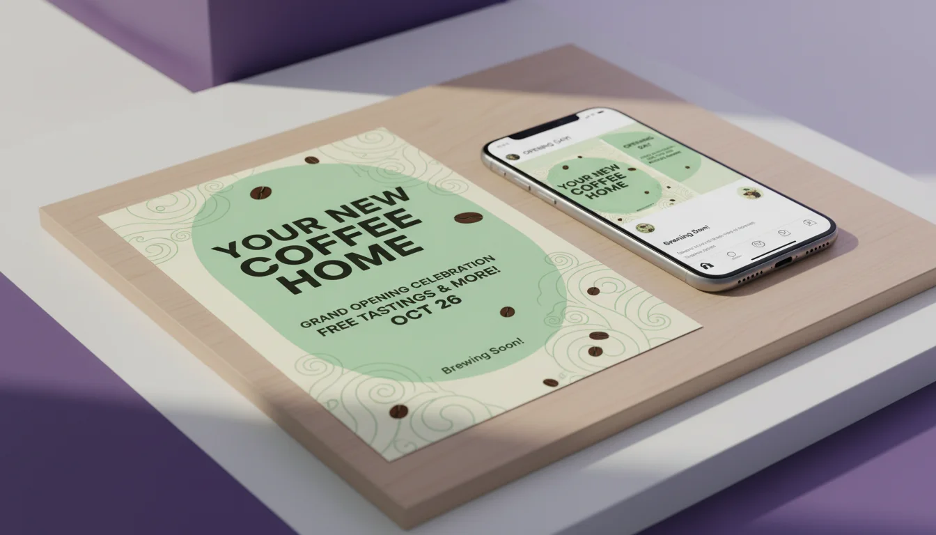 A printed coffee roastery flyer next to a phone showing the same design as a social post