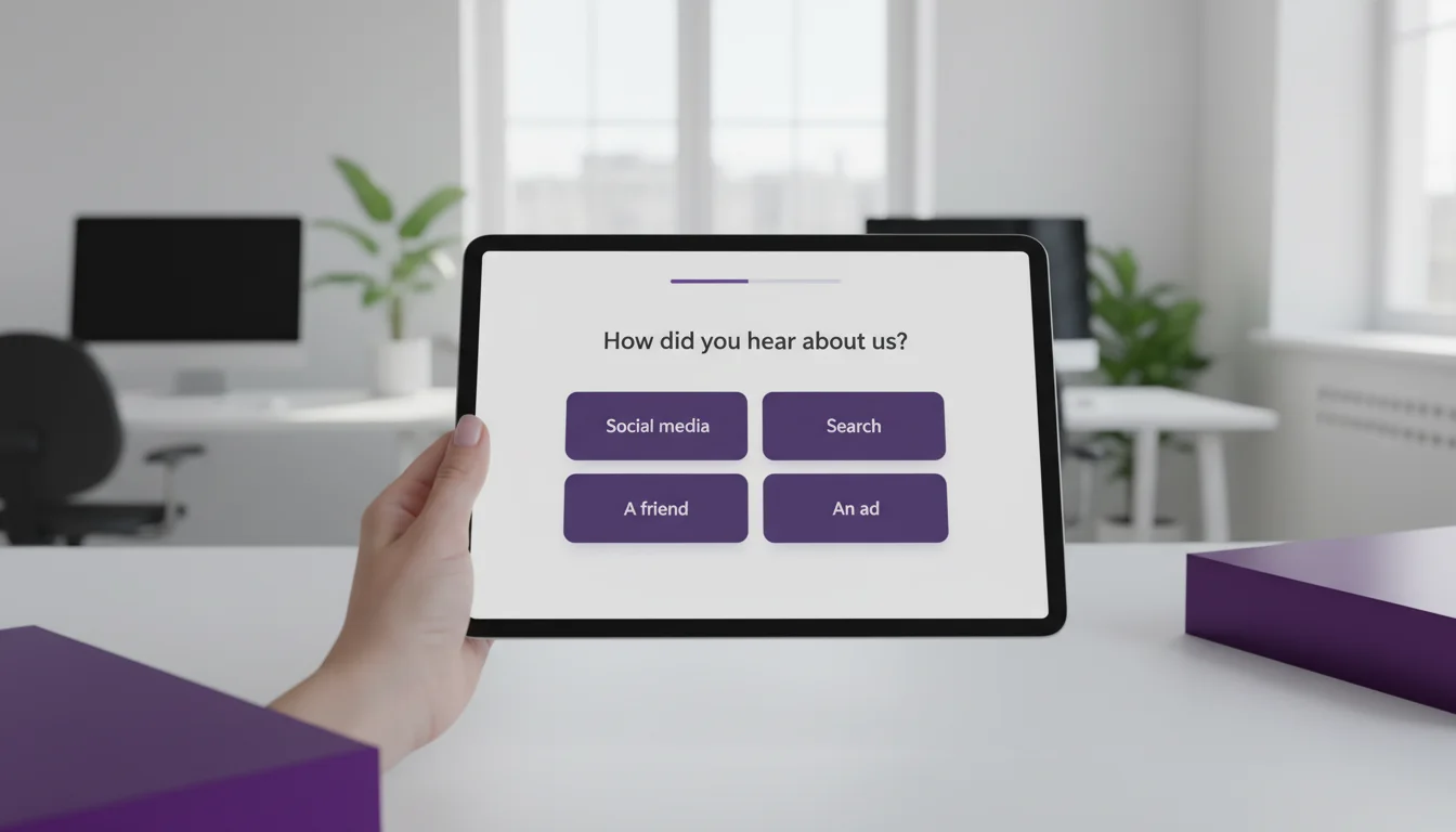 A tablet showing a one-question-at-a-time form with four answer cards