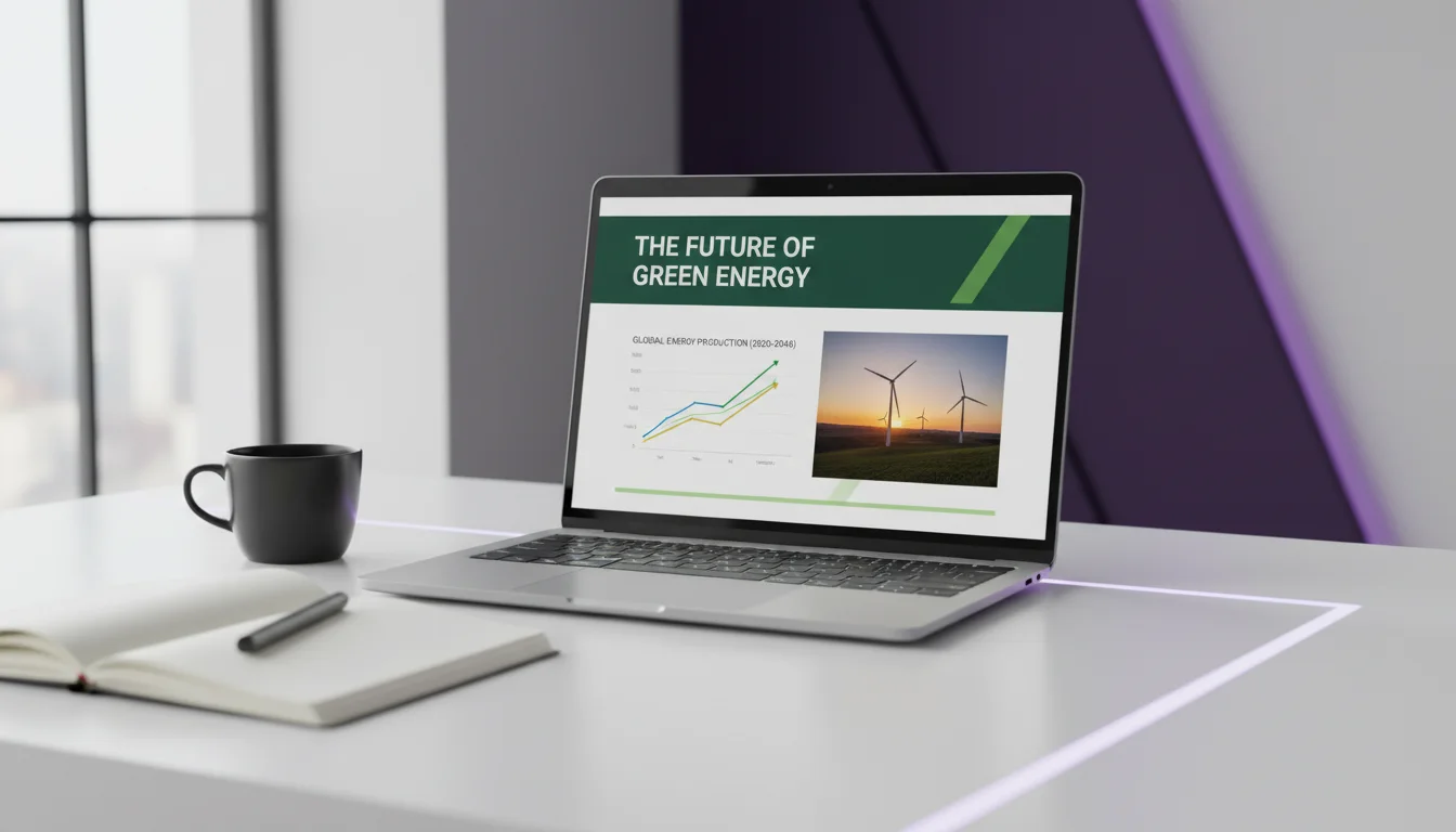 A laptop showing a finished green energy presentation slide with a chart