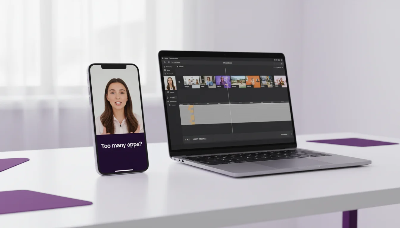 A phone playing a vertical creator video beside a laptop with the video timeline