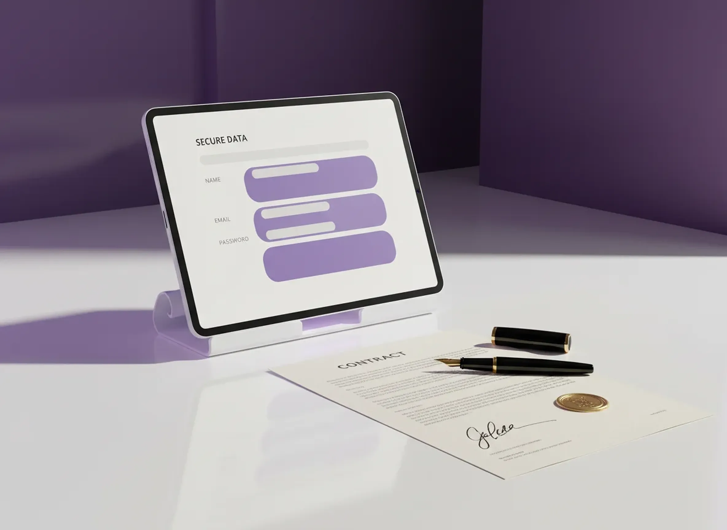 A tablet showing a web form beside a signed contract and a pen
