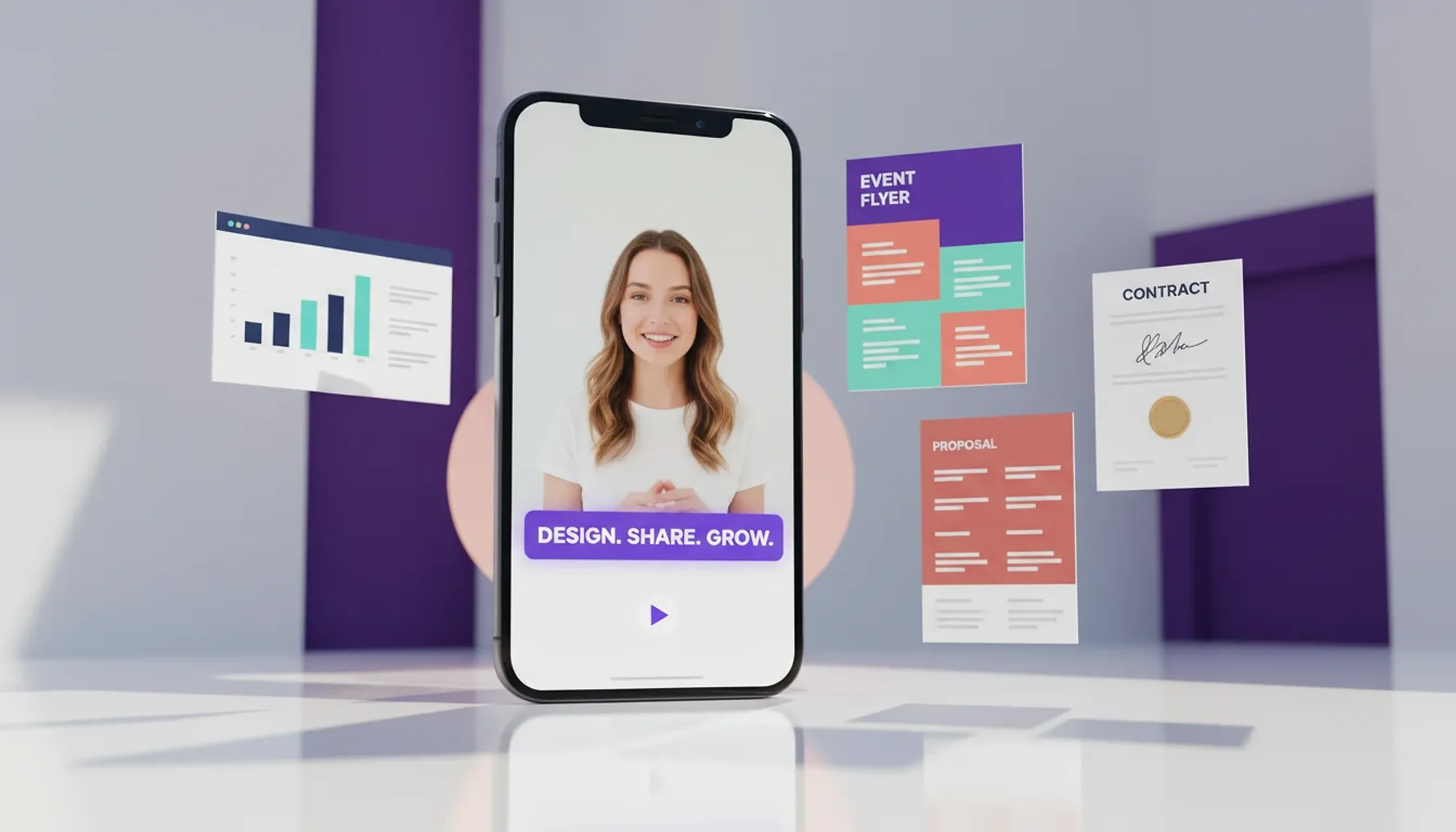 A phone playing a creator promo video, with a chart slide, an event flyer, a proposal page and a sealed contract floating around it