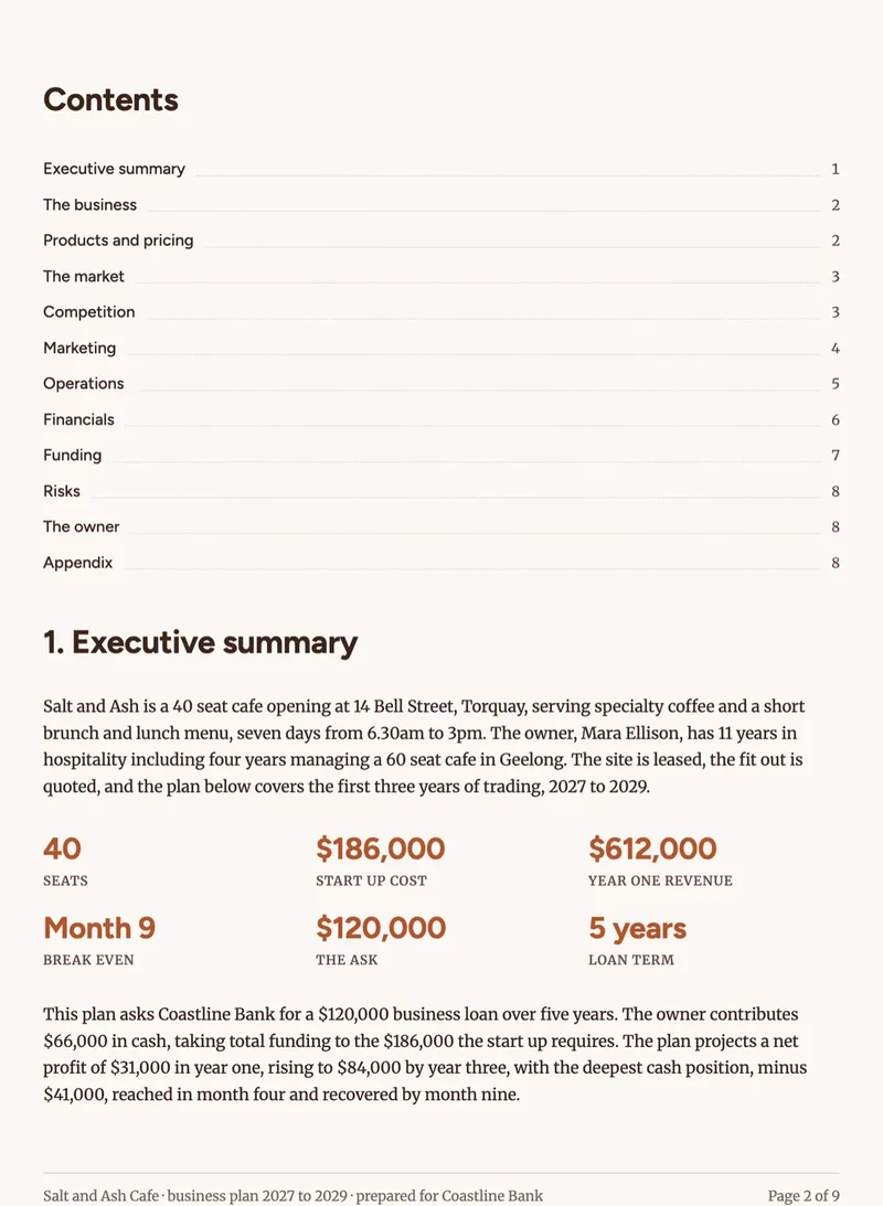Business plan example made with OneCraft
