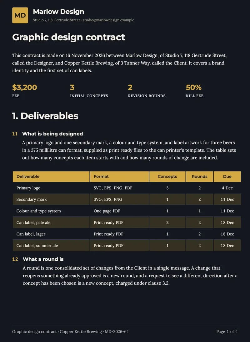 Design contract example made with OneCraft