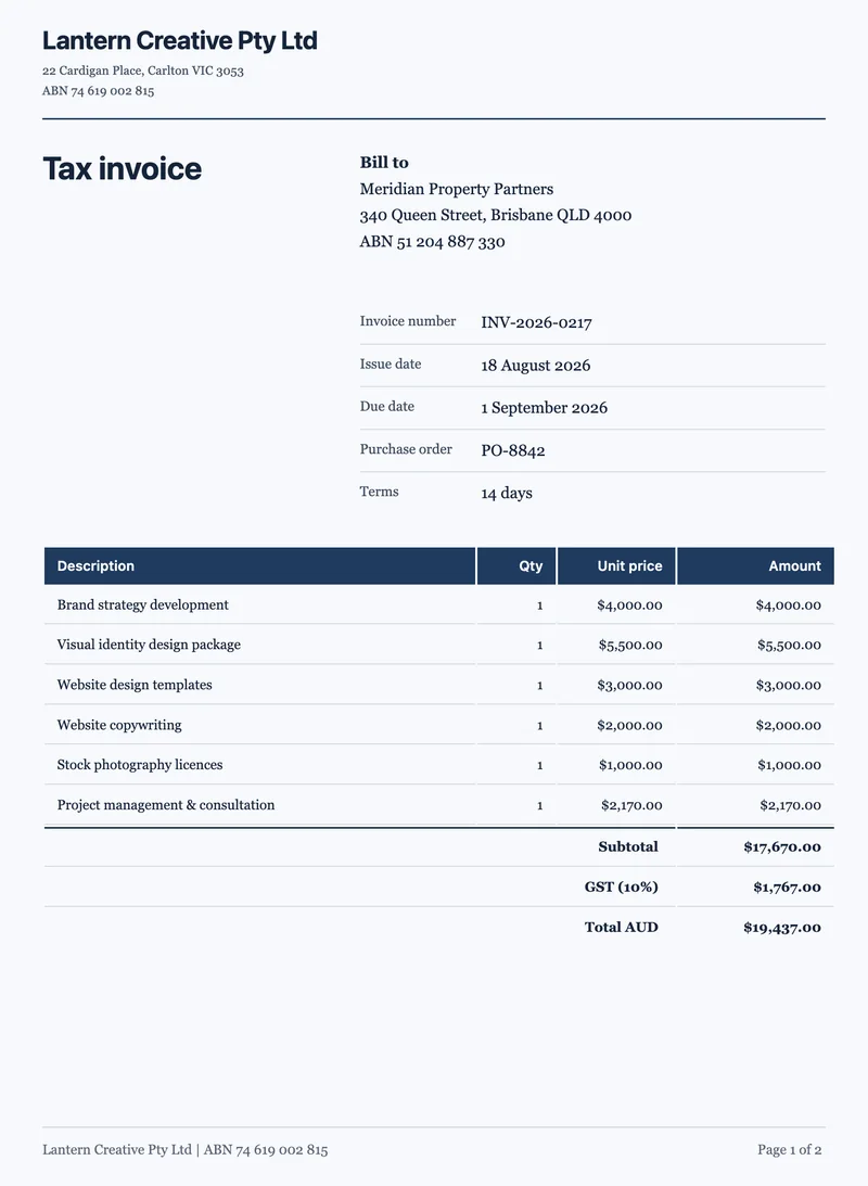 Tax invoice example made with OneCraft