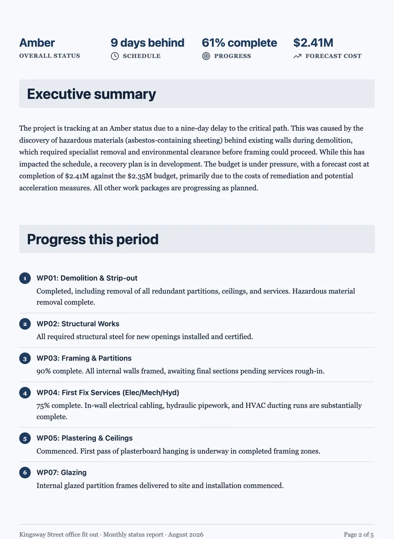 Project status report example made with OneCraft