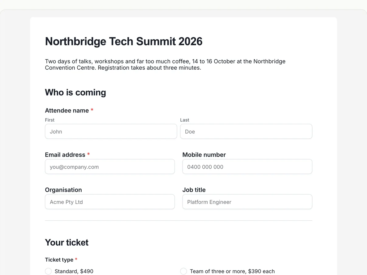 Conference registration example made with OneCraft