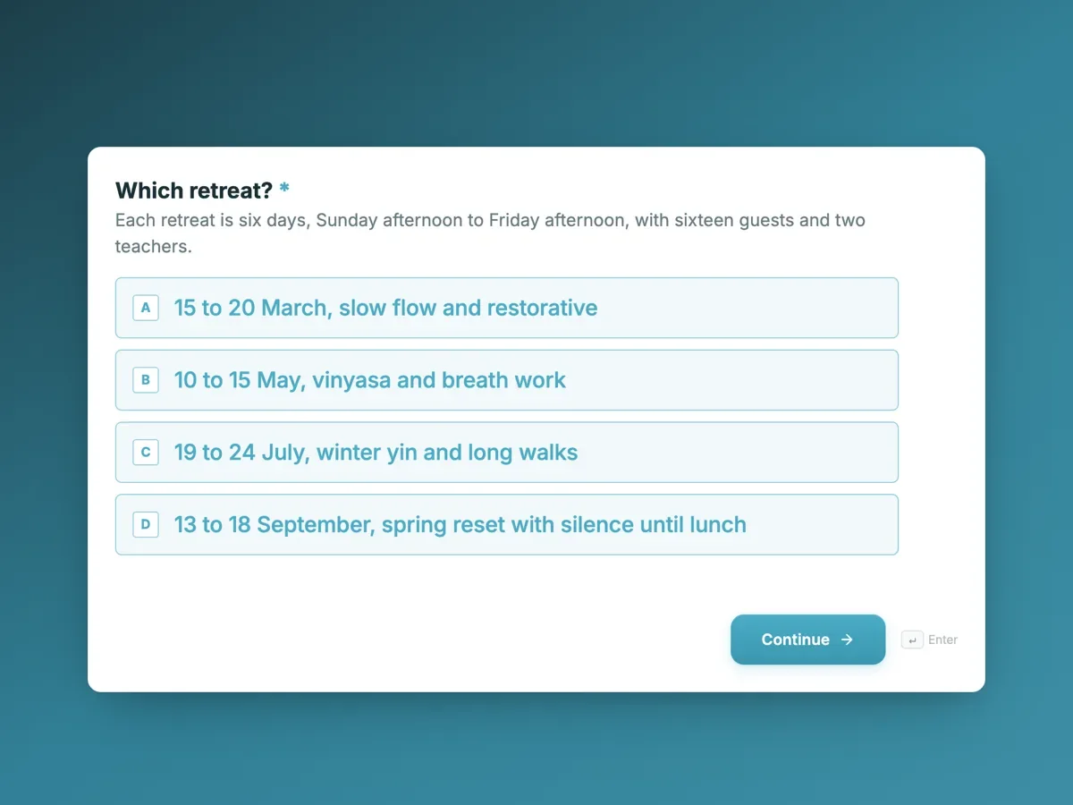 Retreat registration, conversational example made with OneCraft