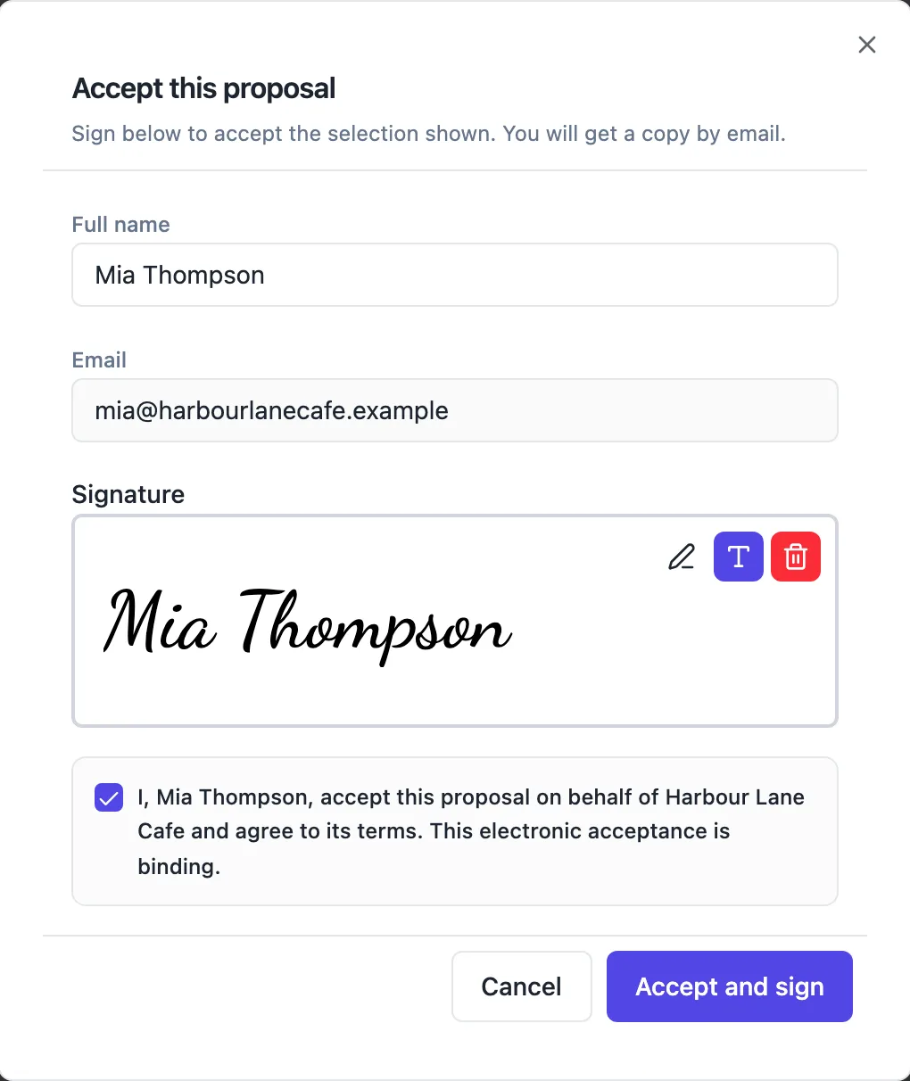 The Accept this proposal dialog: full name Mia Thompson, her email read only, a typed signature in script, and a ticked consent box reading I, Mia Thompson, accept this proposal on behalf of Harbour Lane Cafe and agree to its terms. This electronic acceptance is binding, with Cancel and Accept and sign