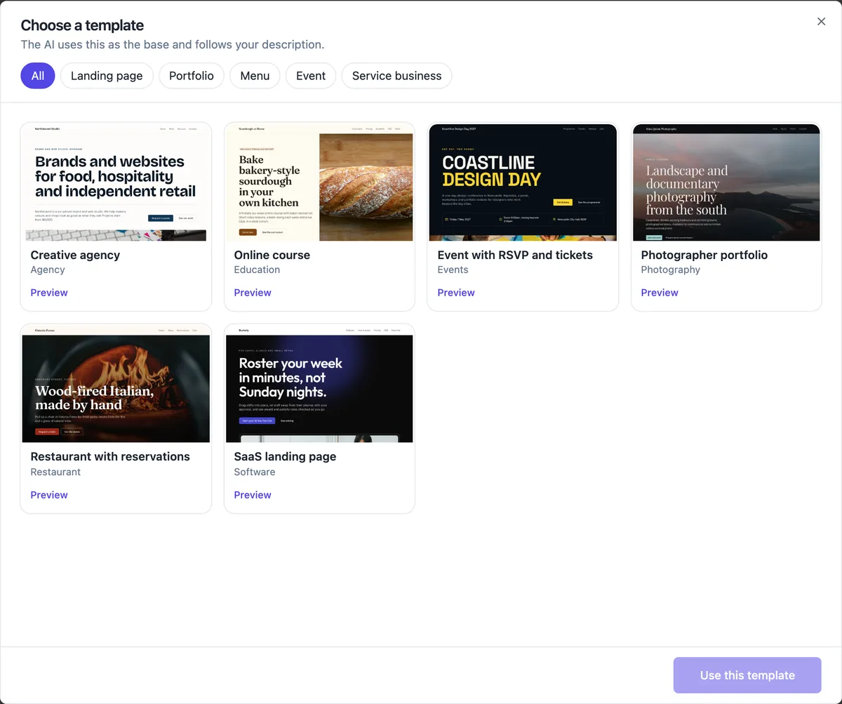 The Choose a template dialog in Code mode with filters for Landing page, Portfolio, Menu, Event and Service business, and six template cards: Creative agency, Online course, Event with RSVP and tickets, Photographer portfolio, Restaurant with reservations and SaaS landing page