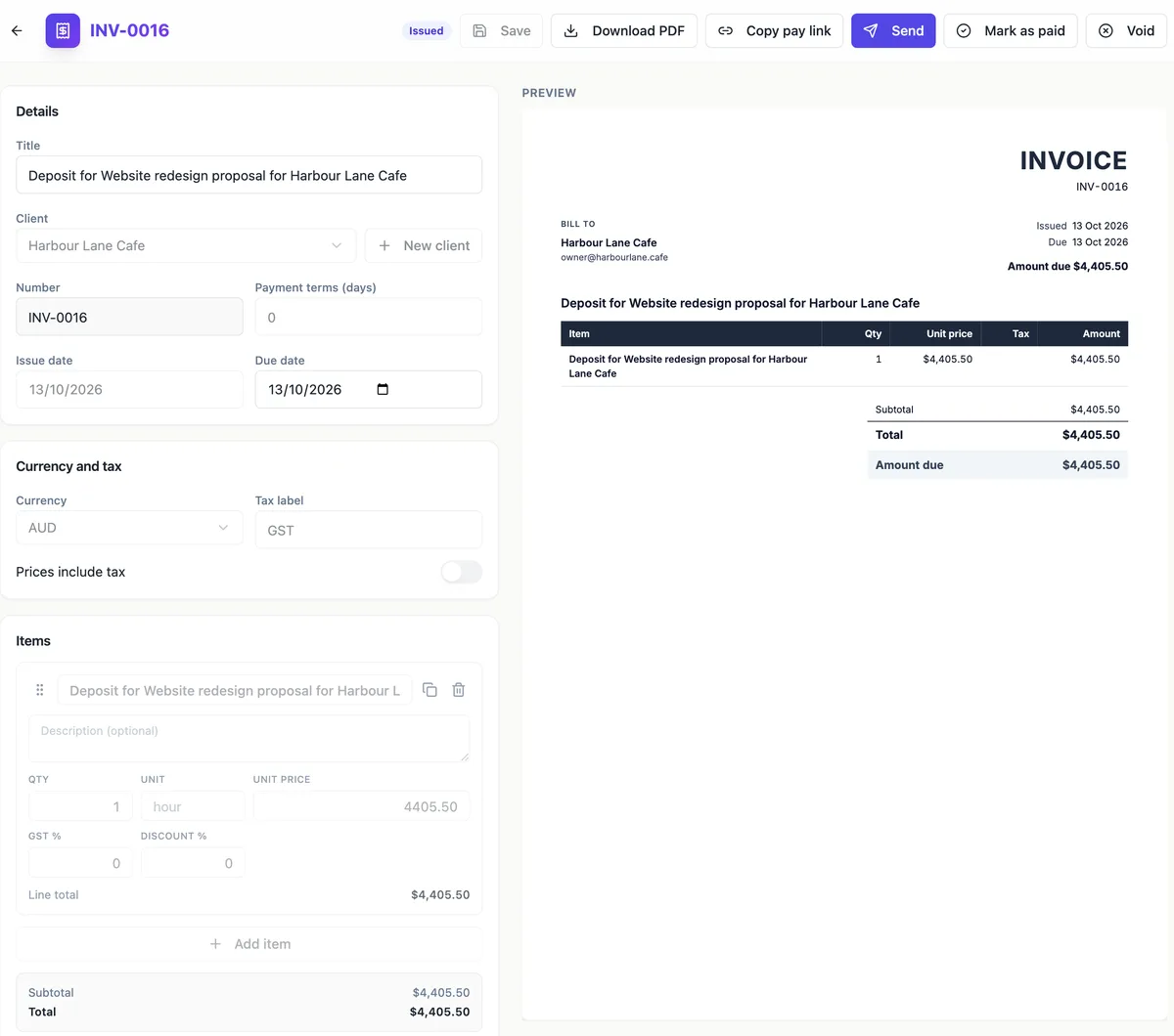 The invoice editor for INV-0016: details with number, payment terms and dates on the left, a live A4 invoice preview on the right, and buttons for Download PDF, Copy pay link, Send, Mark as paid and Void