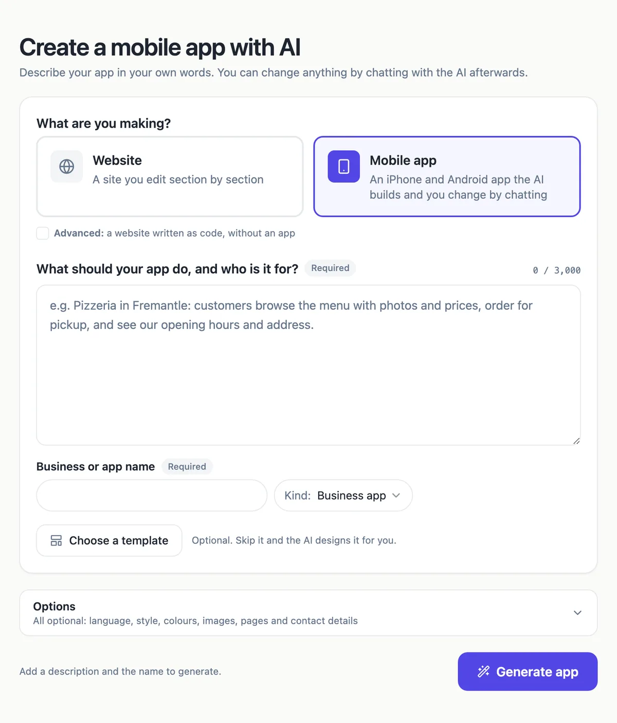 The Create a mobile app with AI screen with Mobile app selected, a description box with a 3,000 character counter, the business or app name, Kind set to Business app, Choose a template and Options