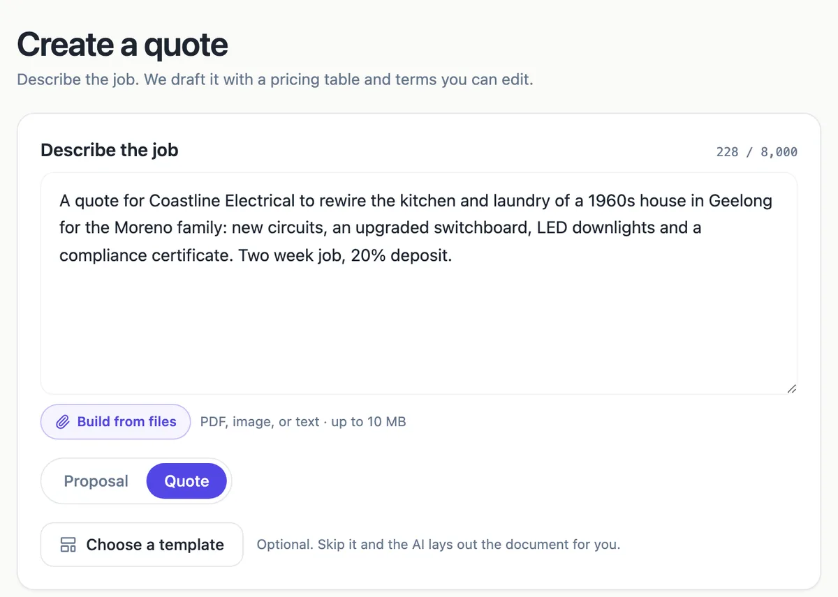 The generator in Quote mode with a rewiring job described, then the options: deliverables, pricing hints for the switchboard, circuits and downlights, AUD currency, a 20 percent deposit and 30 days validity