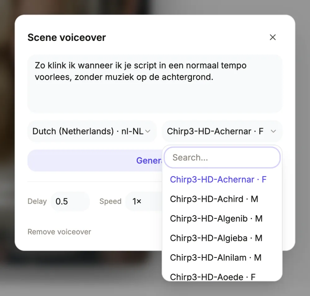 The scene voiceover dialog in the video builder with Dutch (nl-NL) chosen and its voice list open