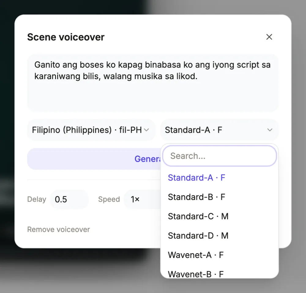 The scene voiceover dialog in the video builder with Filipino (fil-PH) chosen and its voice list open