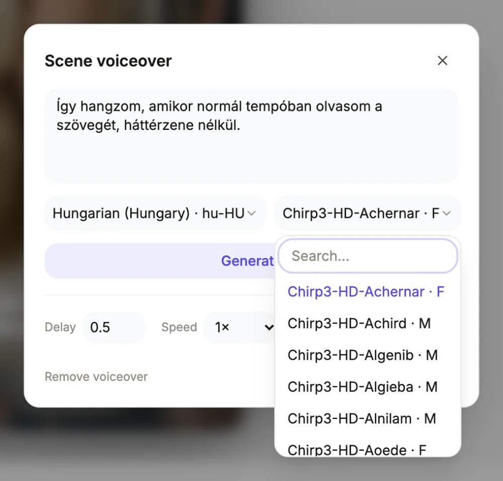 The scene voiceover dialog in the video builder with Hungarian (hu-HU) chosen and its voice list open
