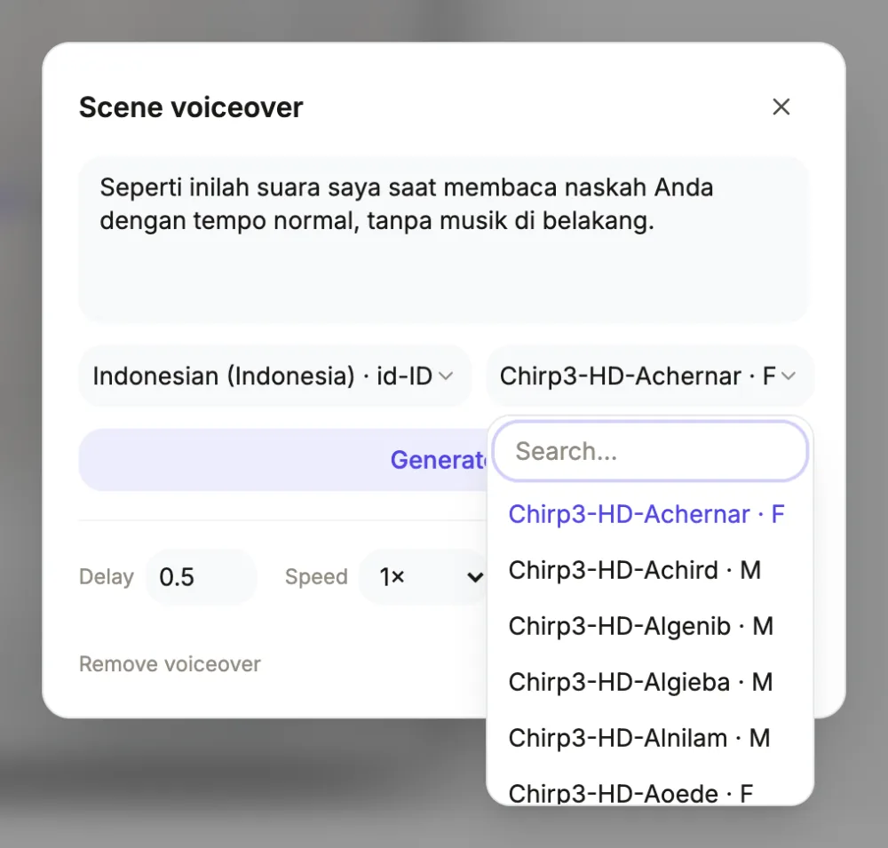 The scene voiceover dialog in the video builder with Indonesian (id-ID) chosen and its voice list open