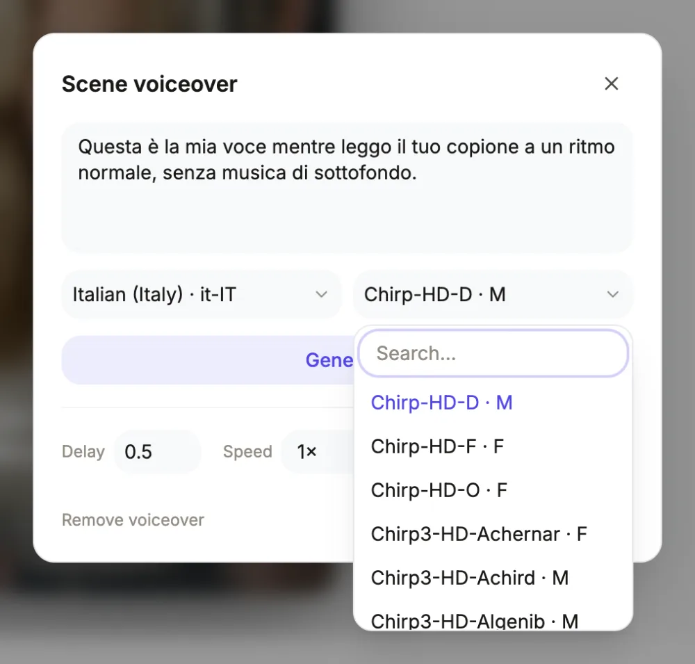 The scene voiceover dialog in the video builder with Italian (it-IT) chosen and its voice list open