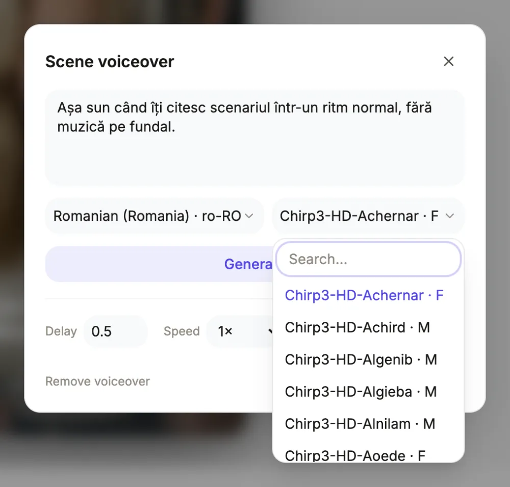 The scene voiceover dialog in the video builder with Romanian (ro-RO) chosen and its voice list open