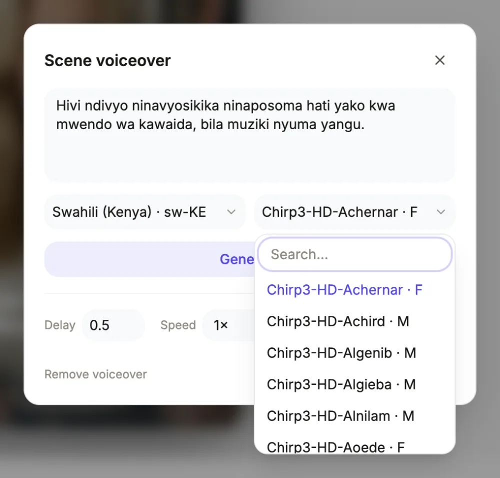The scene voiceover dialog in the video builder with Swahili (sw-KE) chosen and its voice list open