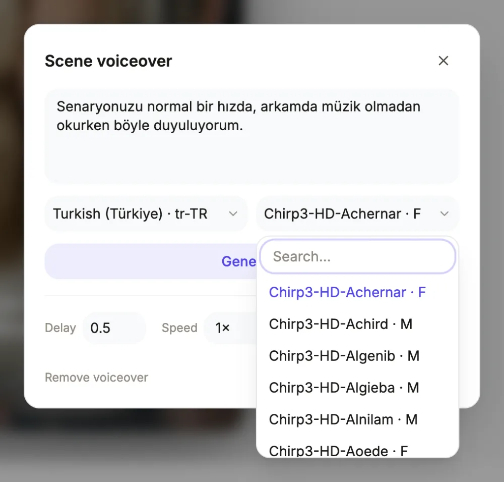 The scene voiceover dialog in the video builder with Turkish (tr-TR) chosen and its voice list open