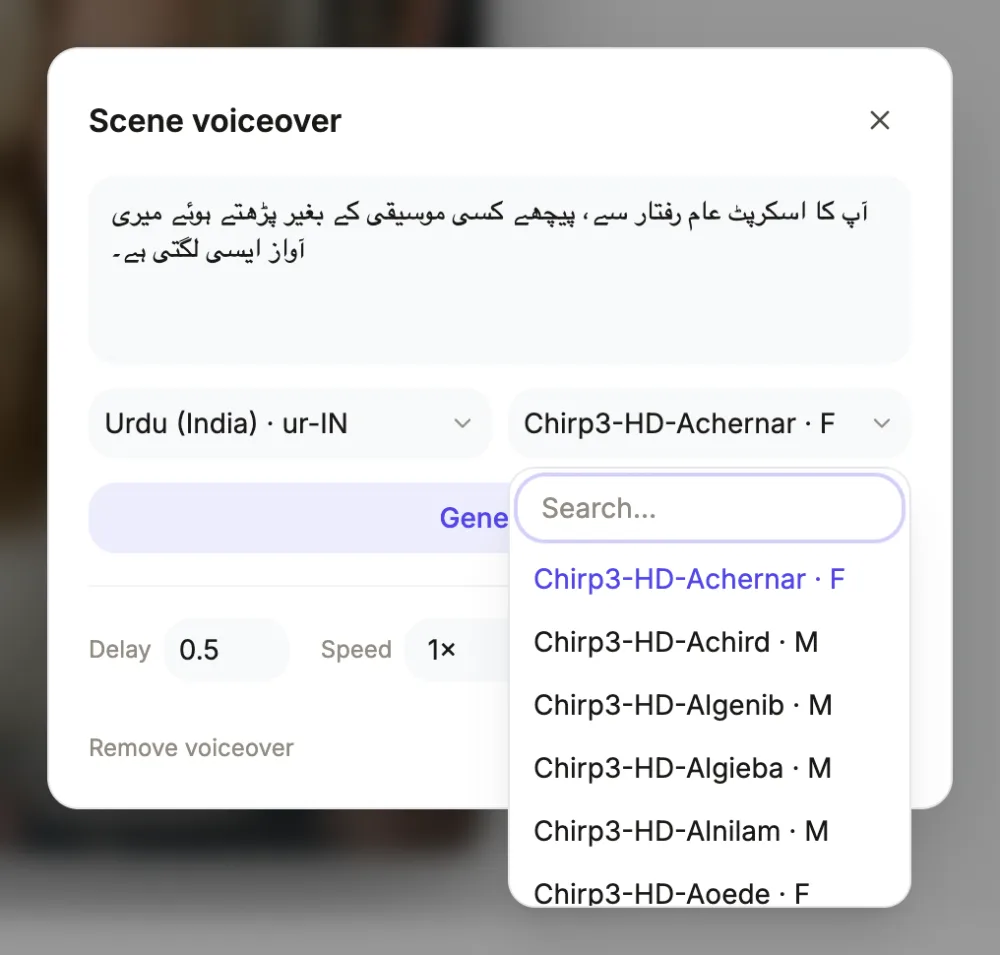 The scene voiceover dialog in the video builder with Urdu (ur-IN) chosen and its voice list open