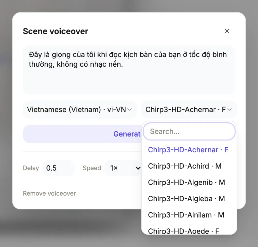 The scene voiceover dialog in the video builder with Vietnamese (vi-VN) chosen and its voice list open