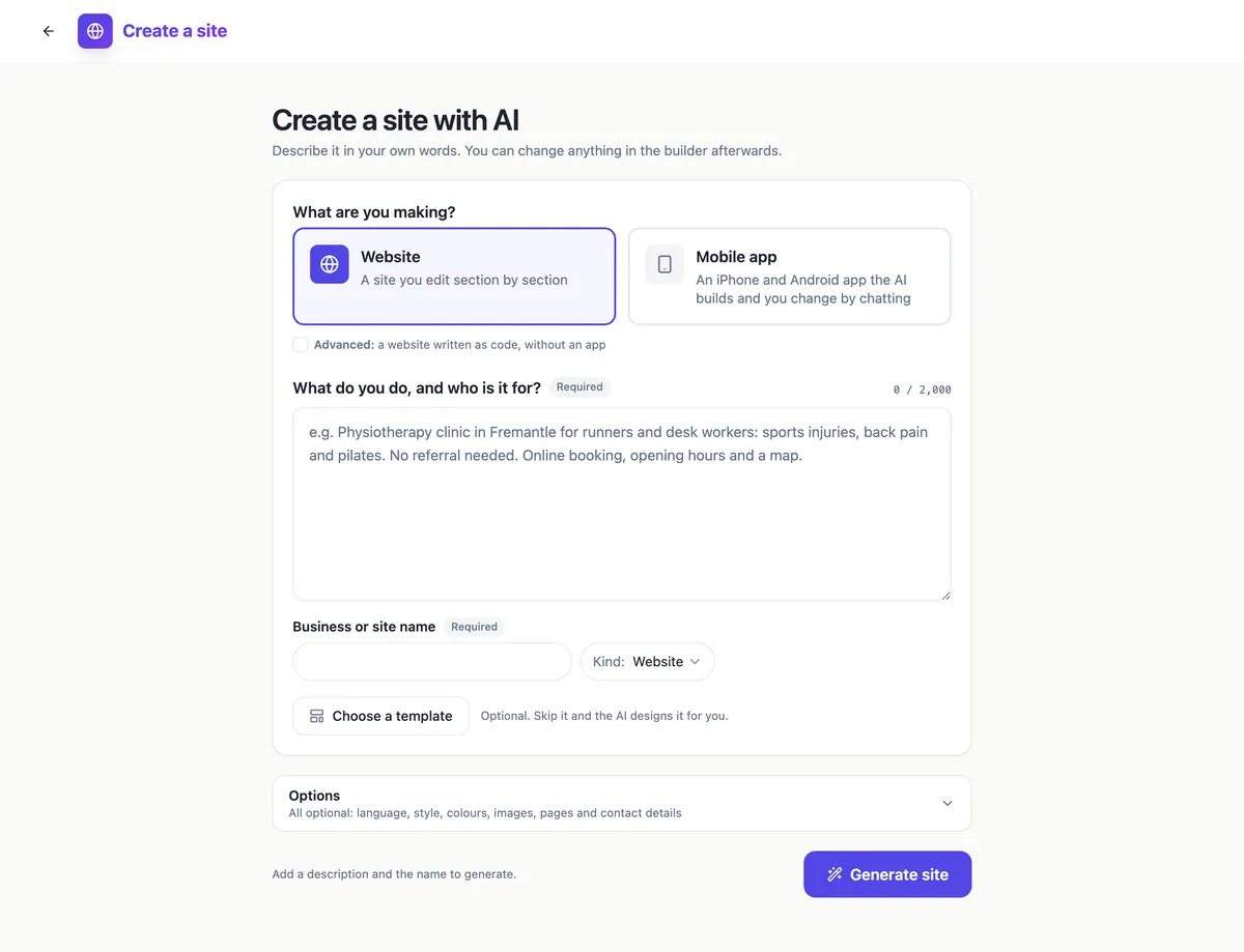 The Create a site with AI screen: Website and Mobile app cards, a description box with a 2,000 character counter, the business name, a Kind menu, Choose a template and a collapsed Options panel