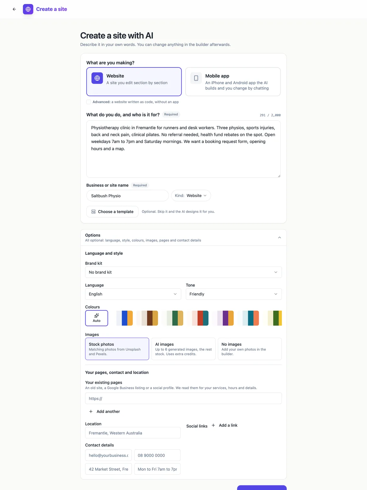 The generator with a 291 character description of a Fremantle physio clinic, the name Saltbush Physio, and the Options panel open on brand kit, language, tone, colours, images, existing pages, location and contact details