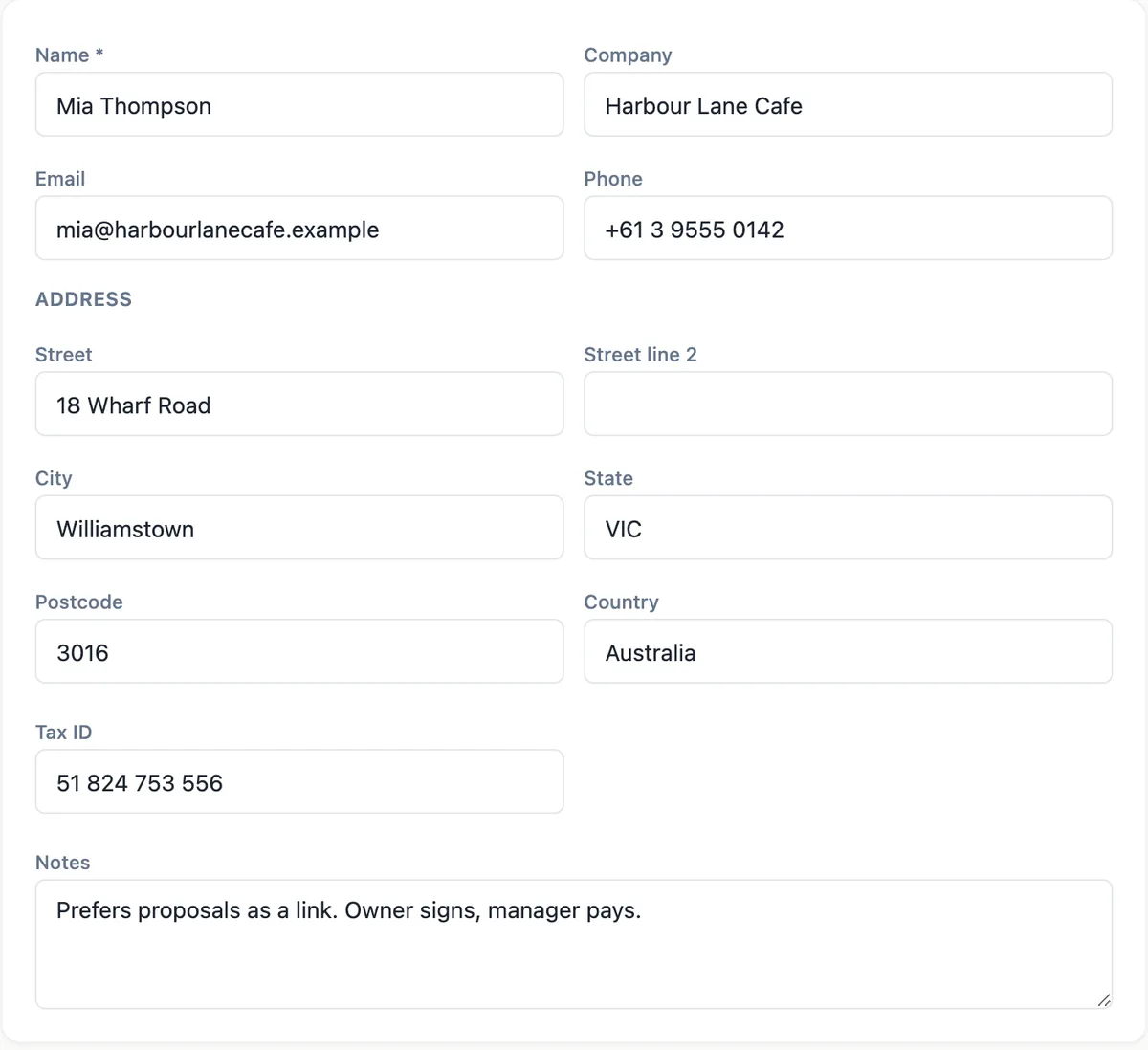 The New client form: name Mia Thompson, company Harbour Lane Cafe, an email and phone, an address in Williamstown VIC 3016 Australia, a tax ID and a notes field, with a Save button