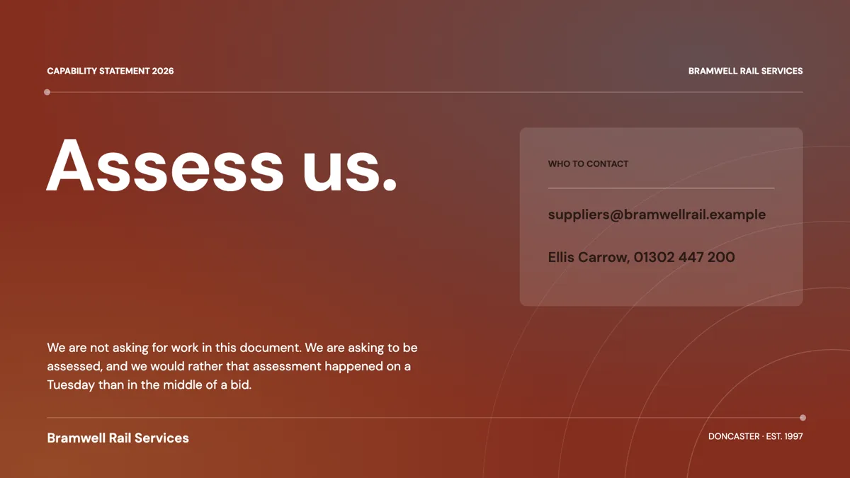 A closing slide: a two word ask in large type, a contact card with an email and a phone number, and a short paragraph stating what is being asked for