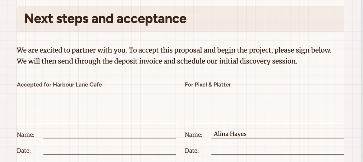 The acceptance section of a proposal: Next steps and acceptance, a short paragraph, and two signature blocks side by side, Accepted for Harbour Lane Cafe and For Pixel and Platter, each with a signature line, a name line and a date line
