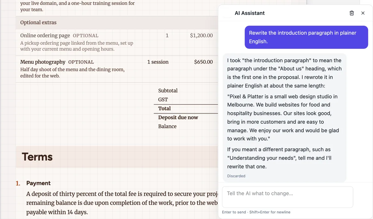 The AI assistant panel beside a proposal: the request rewrite the introduction paragraph in plainer English, and the reply explaining which paragraph it took to mean, the rewritten text, and an offer to rewrite a different paragraph instead, marked discarded