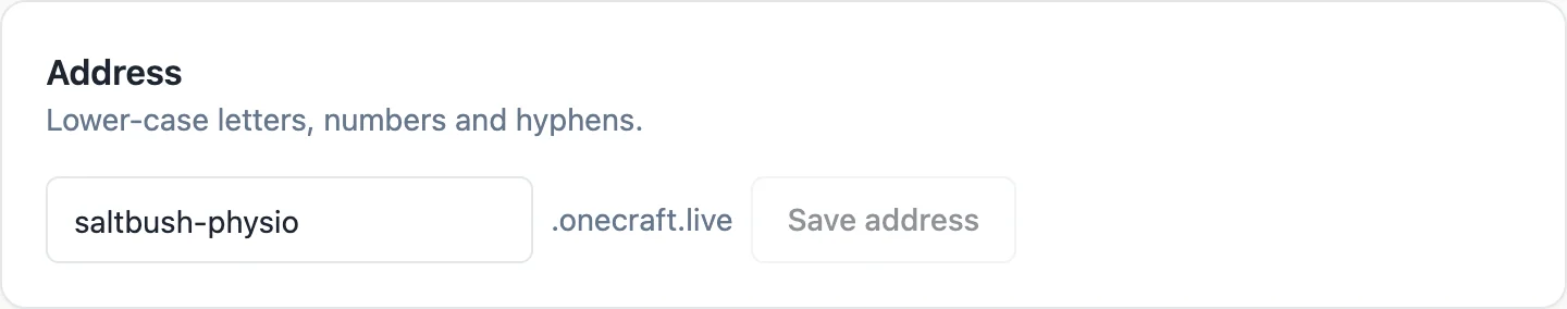The Address card in site settings with the slug saltbush-physio in a text field followed by .onecraft.live and a Save address button