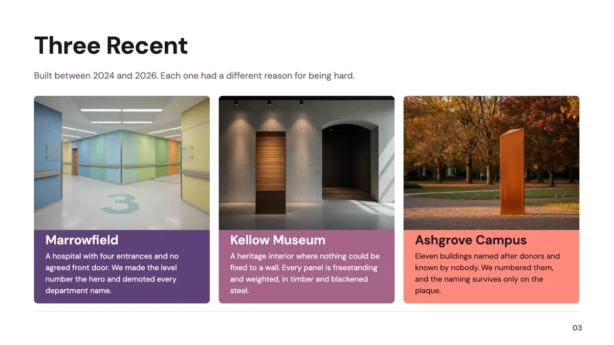 A gallery slide: three project cards side by side, each with a photograph above a title and a short note on what made it hard