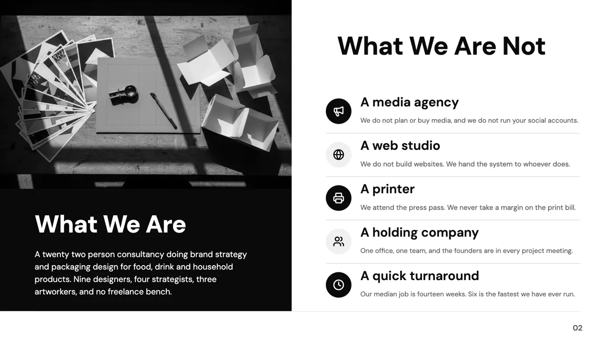 An intro slide: a photograph and a what we are panel on the left, beside five what we are not rows, each with an icon and a one line explanation