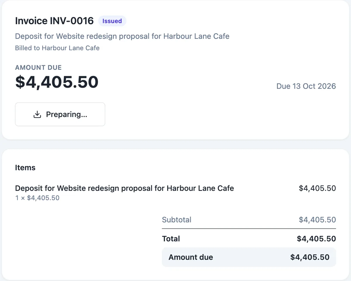 The public pay page for invoice INV-0016: issued status, the invoice title, billed to Harbour Lane Cafe, amount due $4,405.50, due 13 Oct 2026, a PDF button that reads Preparing while the file is made, and the items with subtotal, total and amount due